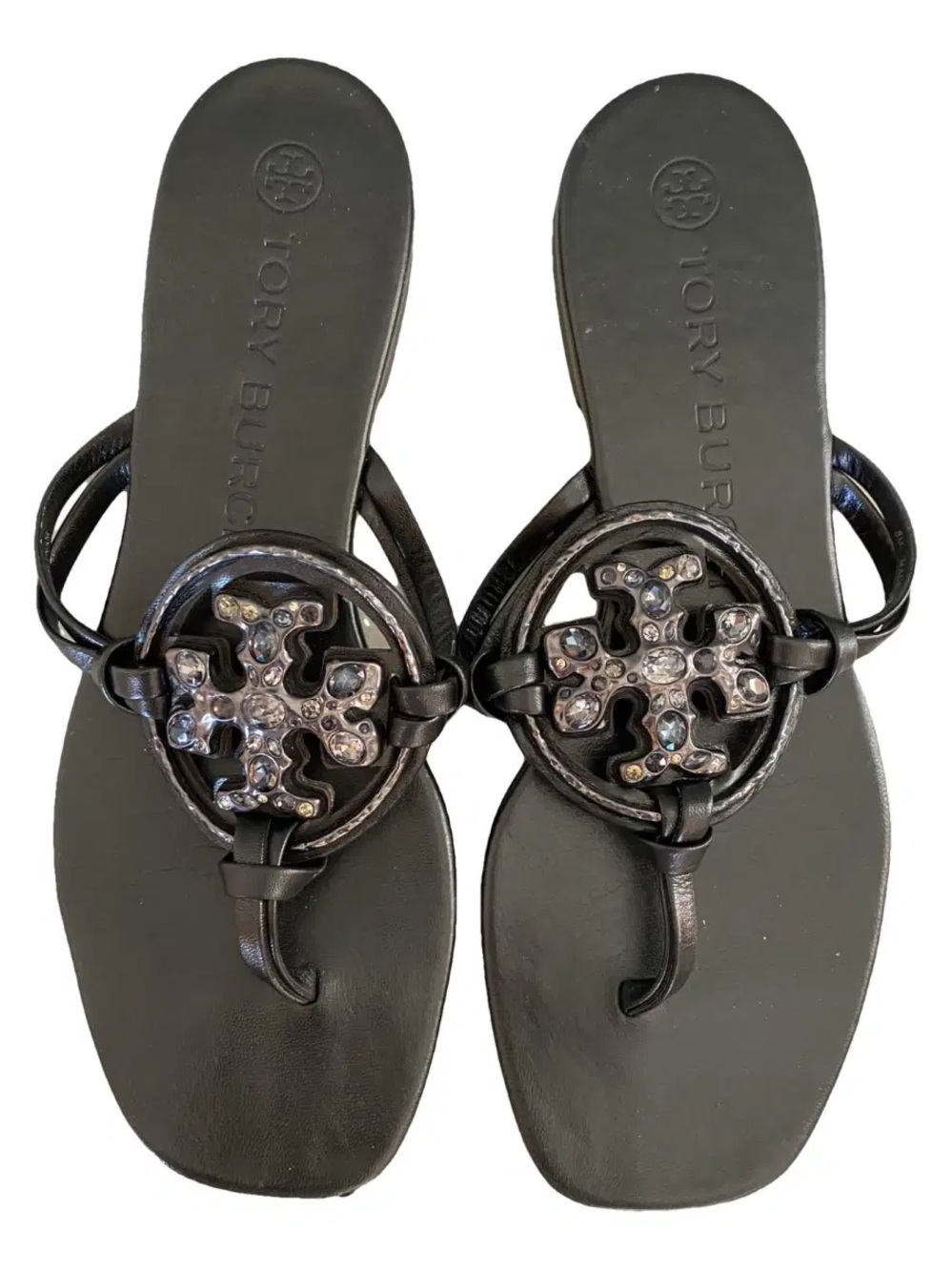 Tory Burch Miller Black Crystal Logo Thong Sandals